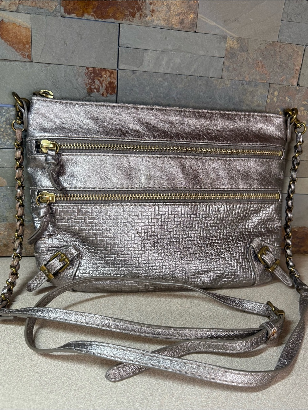 Elliott Lucca "Messina" Three-Zip Leather Metallic Pewter Crossbody Bag